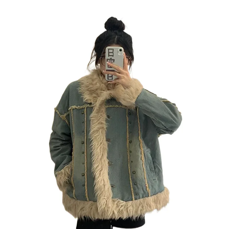 Women Parka Coat Casual Solid Jacket Distressed Long Sleeves Faux Fur Collar Thick Loose Single Breasted Office Lady 2025 Winter