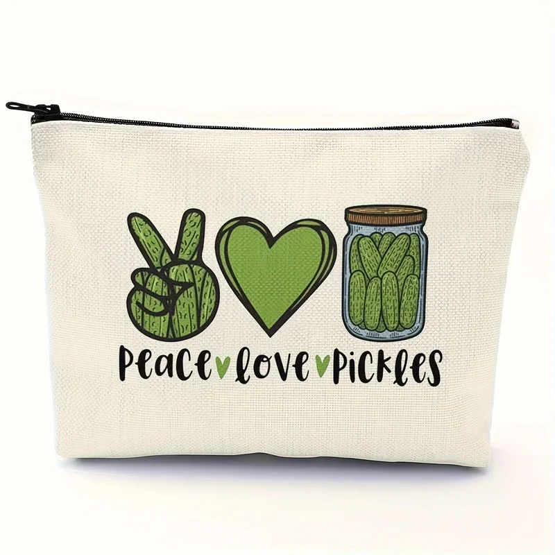 1Peace and Love Pickle Pattern Makeup Travel Bag，Hand Washable、Lightweight、Non-fading polyester zipper bag，Suitable for Ladies、g