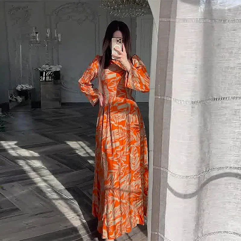 Muslim Women Dress Long Dresses Party Print Round Neck Long Sleeve Casual Loose Maxi Elegant A Line Long Vestidos Pleated