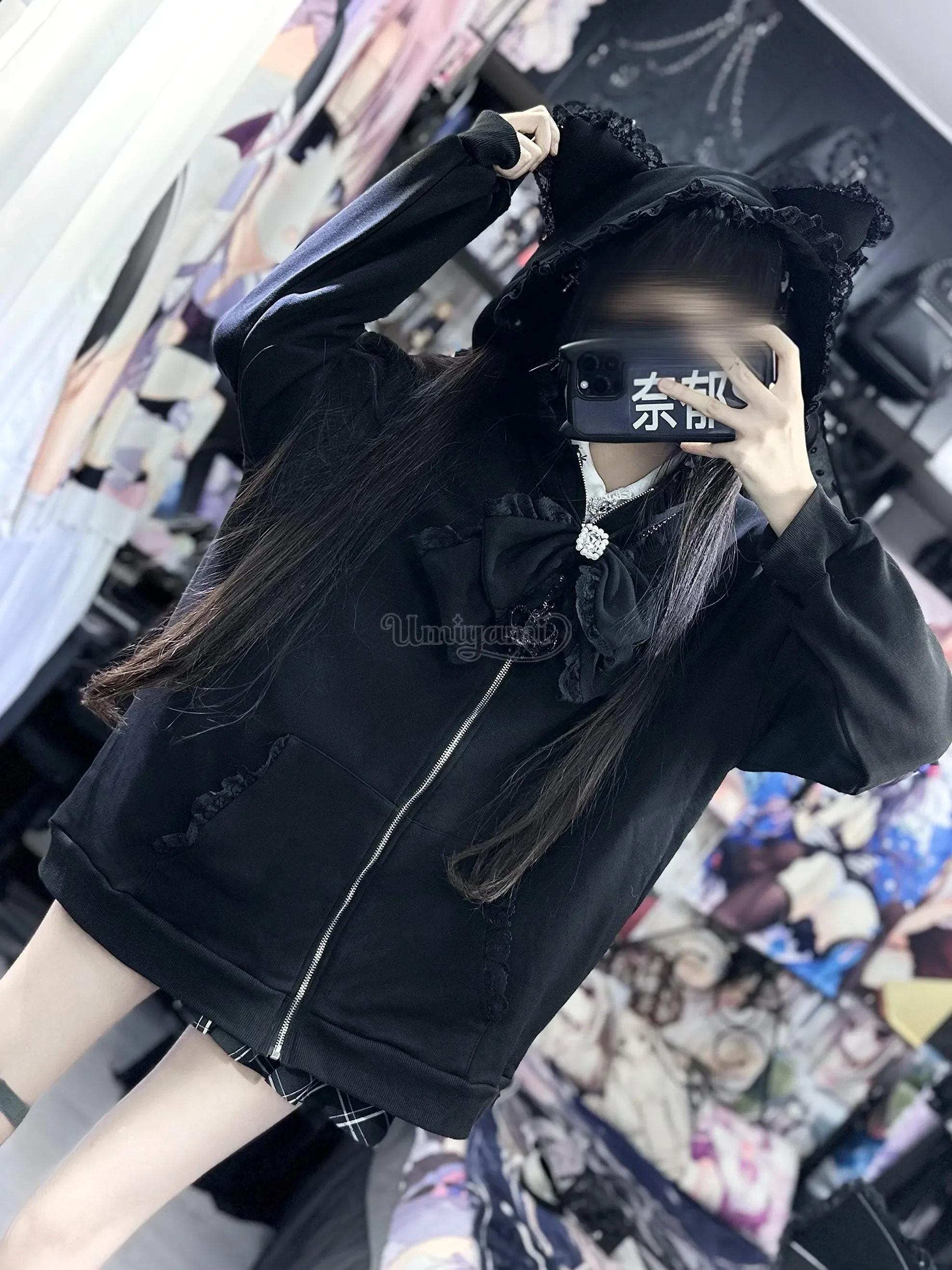 Japanese Mine Style Mass-produced Lace Splicing Rhinestone Bow Cat Ear Hooded Long Sleeve Zipper Sweatshirt Jacket Women Autumn