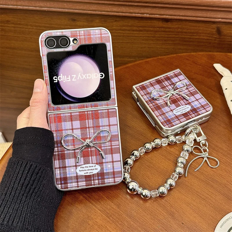 

Cute retro plaid bow floral phone case for Samsung Galaxy Z Flip5 zflip6 zflip3 4 5G with chain flip anti-drop hard case kawayii