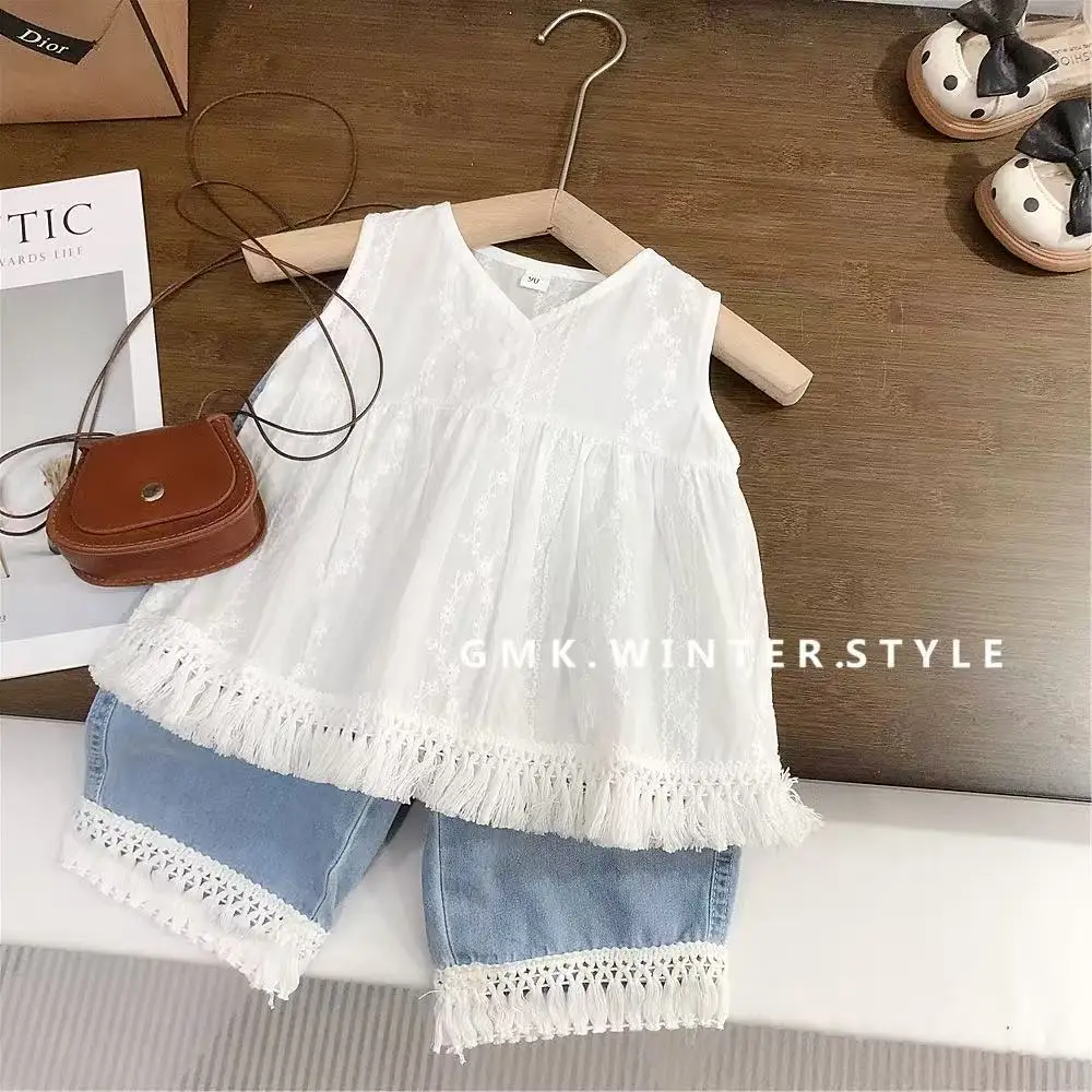

2026 New Summer Toddler 2-7Y Girls Stylish Sleeveless Doll Shirt & Denim Pants 2PCS Trendy Set for 90-140cm