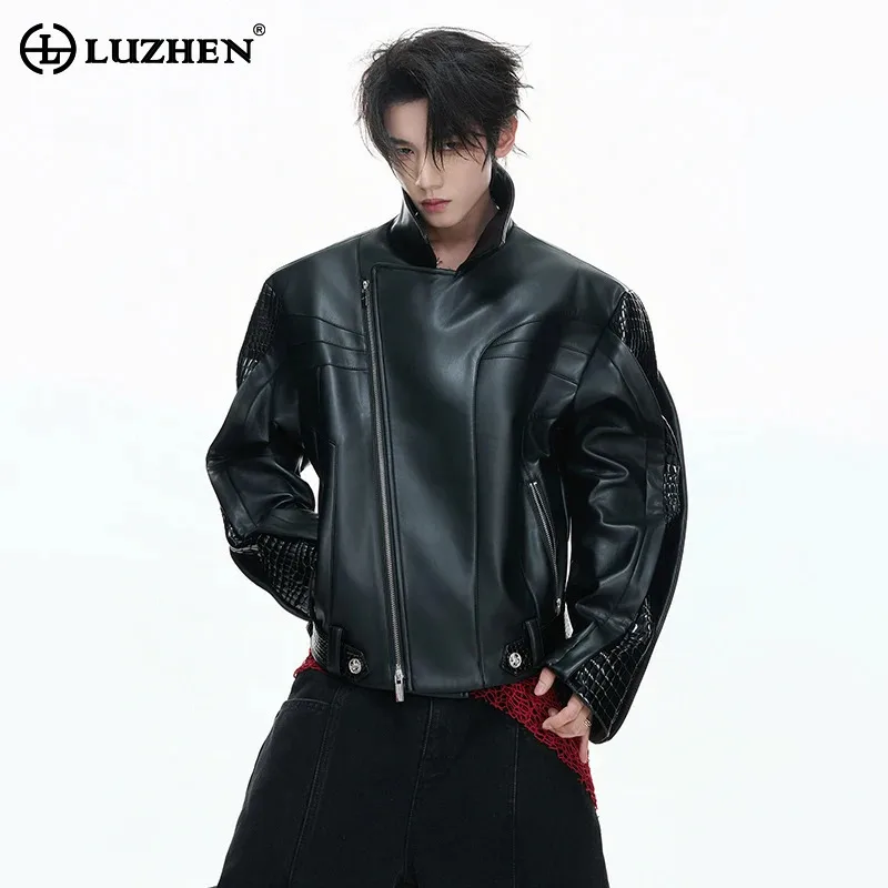 LUZHEN 2026 New Fashion Original Patchwork Slant Zipper Placket Design Leather Jacket Men's High Quality Motorcycles Coat JY6104