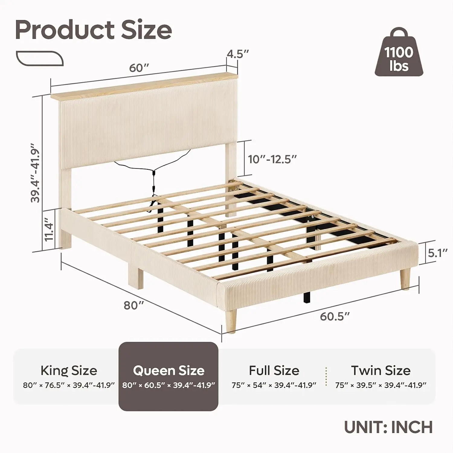 Queen Upholstered Bed Frame Storage Headboard LED Light Beige, Customized