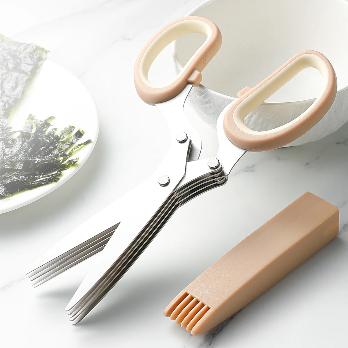 Stainless steel 5-layer kitchen scissors, household vegetable cutter, with lid, scissors for chopping scallions, noodles, and la