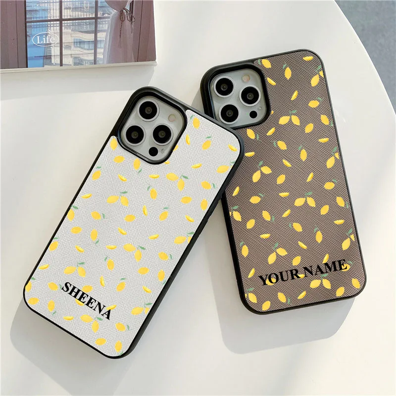 Custom Names Lemon Style PU Leather Case for iphone 14 13 11 12 Pro Max 14Plus XR XS Max Case Luxury Brick Saffiano Vegan Cover