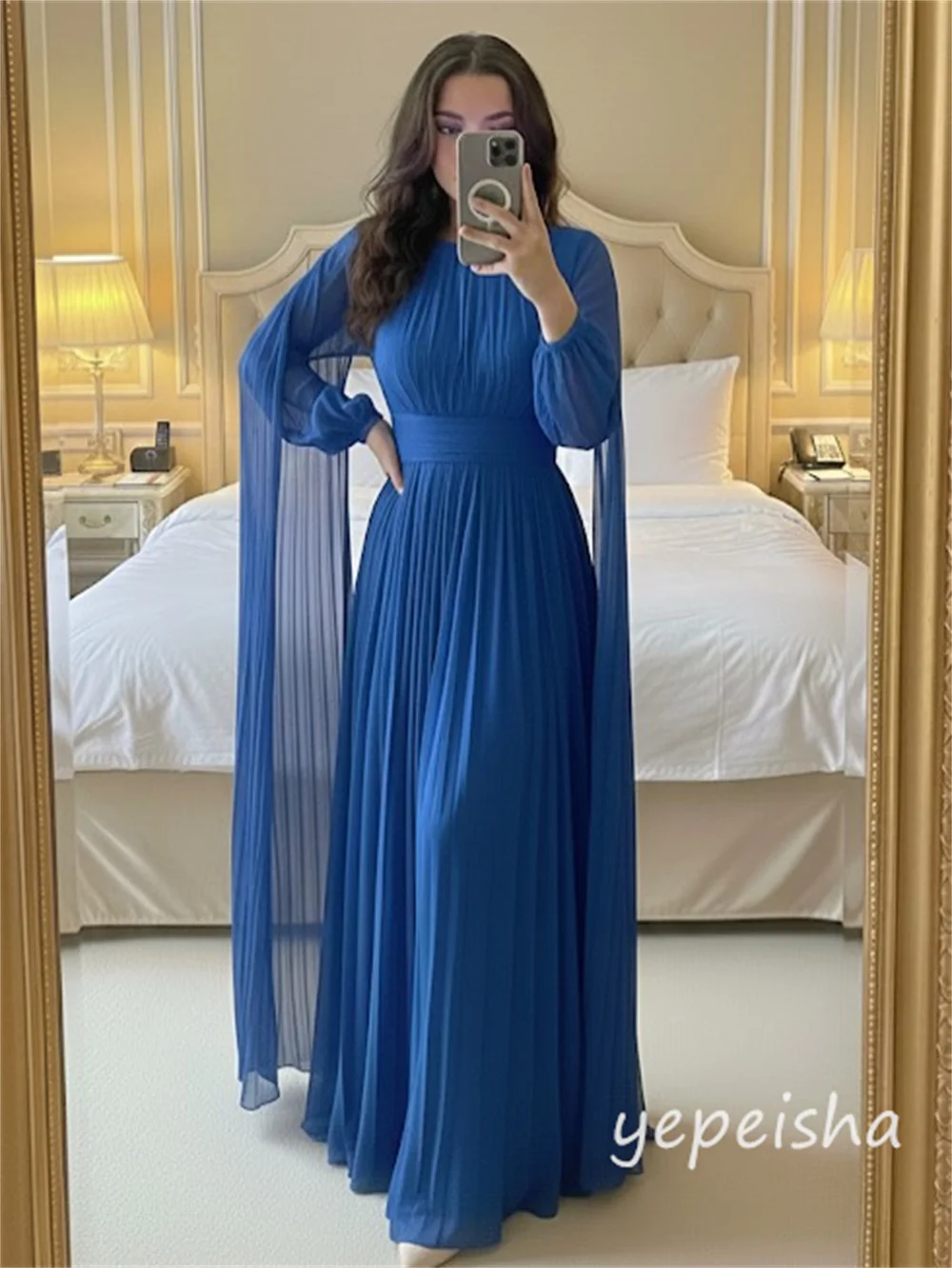 Personalizado estilo moderno gasa plisado acanalado chal drapeado una línea cuello redondo vestidos largos vestidos de noche tamaños modestos disponibles