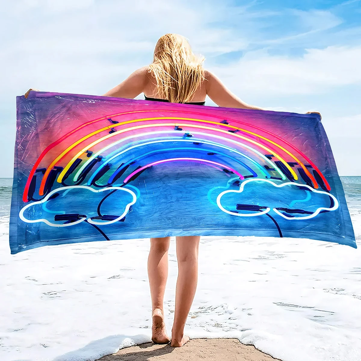 Asciugamano da spiaggia oversize in peluche asciugamani per il viso a righe arcobaleno, telo da bagno estivo ad asciugatura rapida telo da bagno in