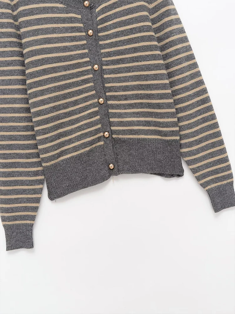 European style new women's fashion versatile temperament striped round neck knitted cardigan sweater jacket