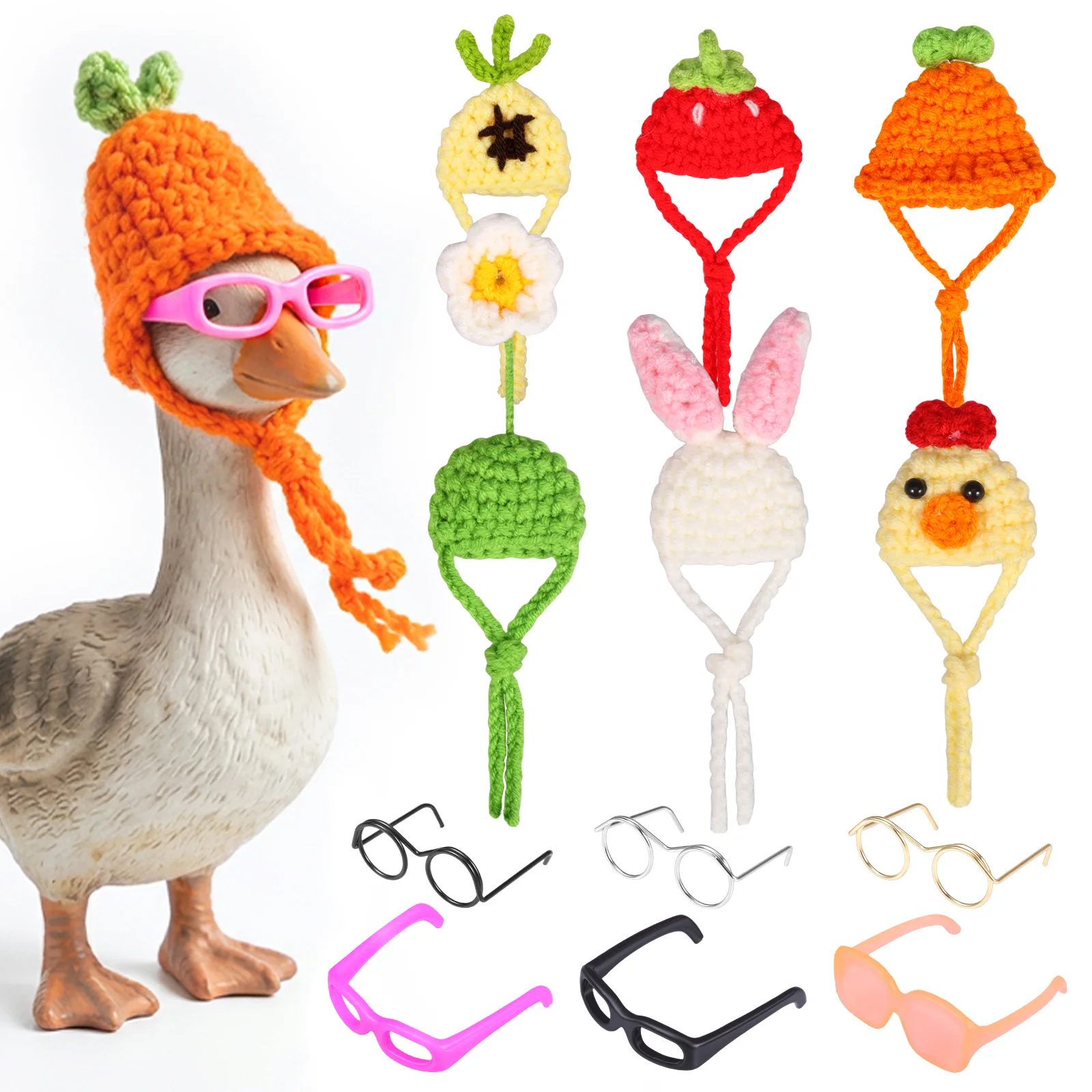 Set de 6 Accesorios para Escritorio: Gorros de Ganso Tejidos con Gafas de Sol, Mini Adornos para Escritorio, Estatuas Decorativas para el Hogar