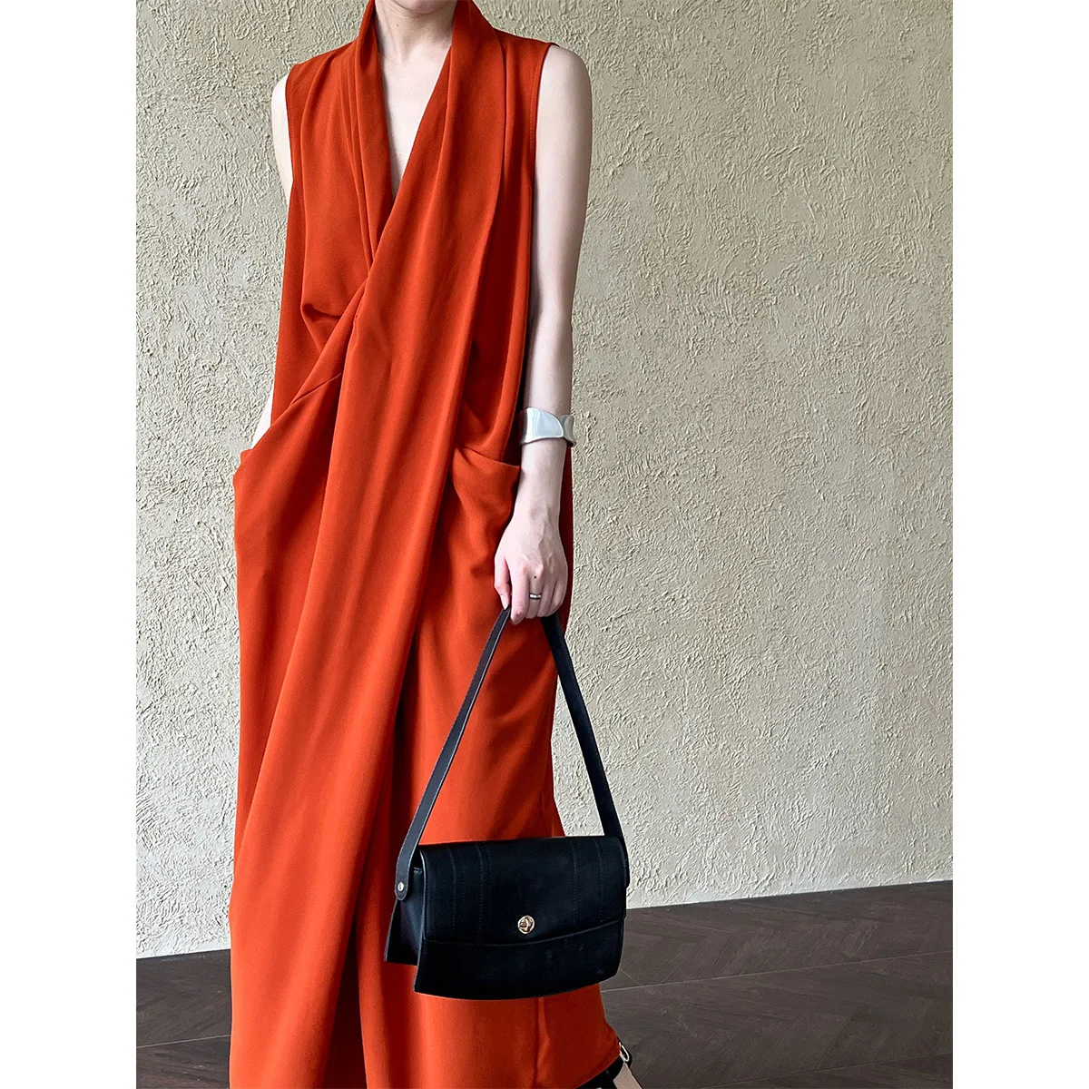 2026 Damen Sommer Lockerer Stil Vintage V-Ausschnitt Ärmelloses Langes Kleid Mit Tasche Elegantes Maxikleid Vestidos Kleidung