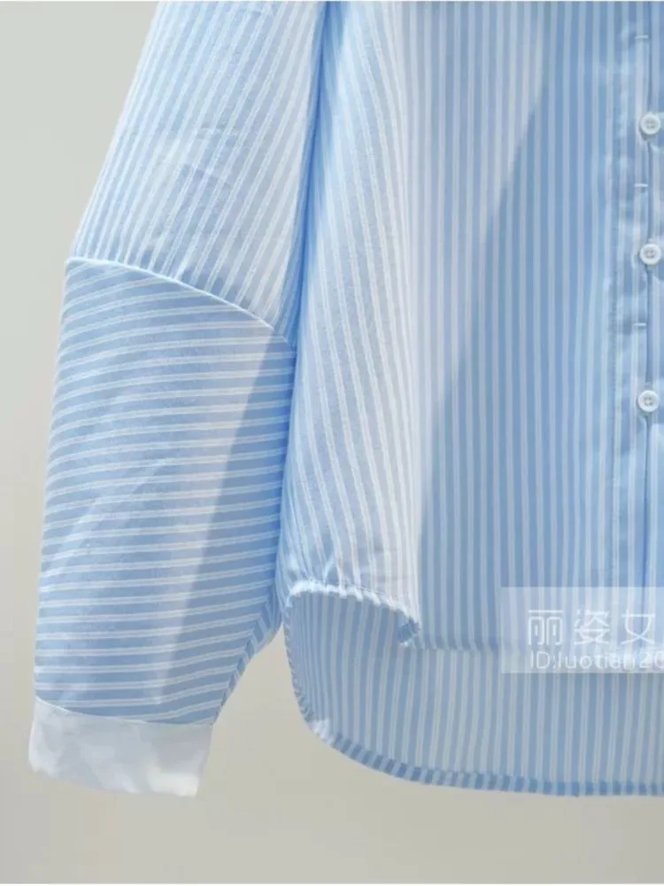Spring Autumn Crew Neck Button Striped Lantern Long Sleeve Cardigan Women's Clothing Casual Formal Shirt Fashionable Tops