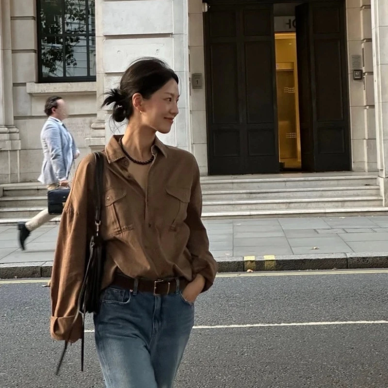 

Spring New East Gate GD Retro Double Pocket Long Sleeve Shirt Workwear Style Loose Fit Cotton Shirt for Women