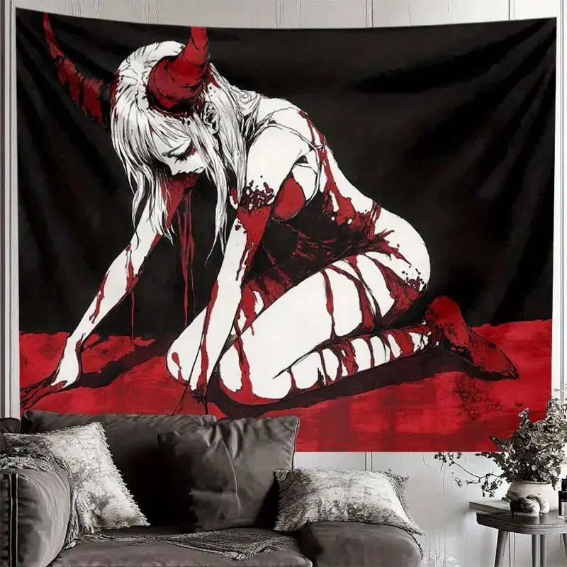 VIKAMA Devil's Corner Anime Girl Tapestry Dark Gothic Japanese Manga Wall Hanging Bedroom Dormitory Home Decoration
