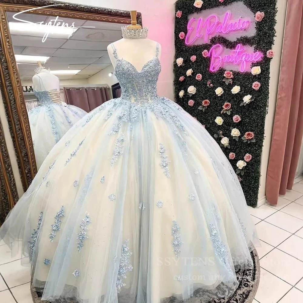 SSYTENS Light Blue Ball Gown Quinceanera Dresses Sweet Cinderella Vestidos De 15 Anos XV Lace Princess Birthday Party Customized