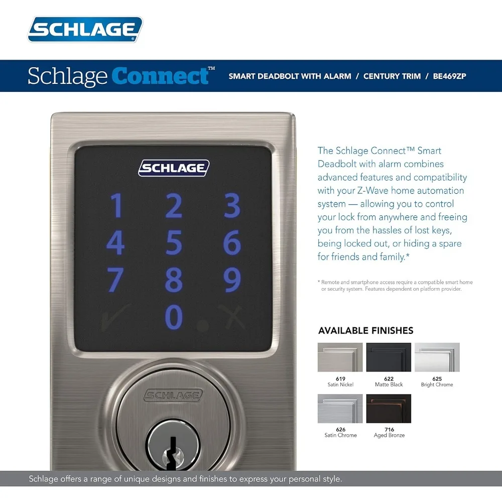 BE469ZP CEN 619 Connect Smart Deadbolt With Alarm Inbuilt Century Trim In Satin Nickel