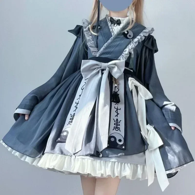 Improve Chinese Style Blue Exorcism Girl Lolita Dress Women Fashion Cospaly Taoist Priest Little Junior Sister Dress Halloween