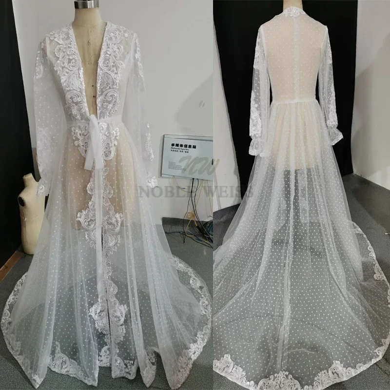 Dots Tulle Bridal Jacket Long Sleeves Wedding Coat Sweep Train Wedding Capes Wraps Bolero Jacket Lace Wedding Robe Tulle Shrugs