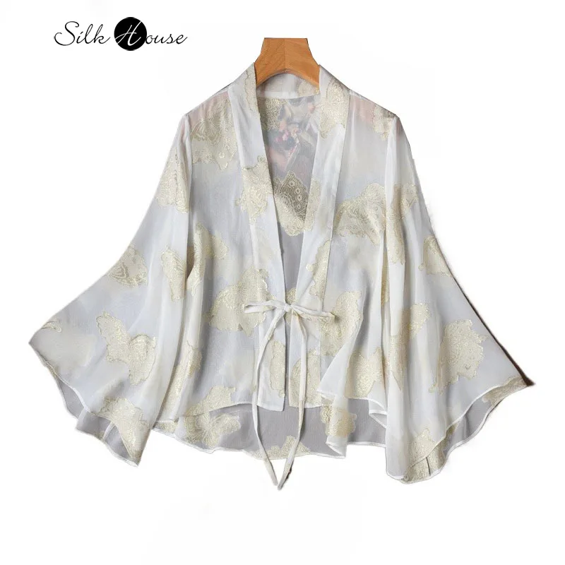 

Light As If Nothing 100% Natural Mulberry Silk Cut Flower Silk Silk Thread Jacquard V-neck Lace Up Trumpet Sleeve Shawl