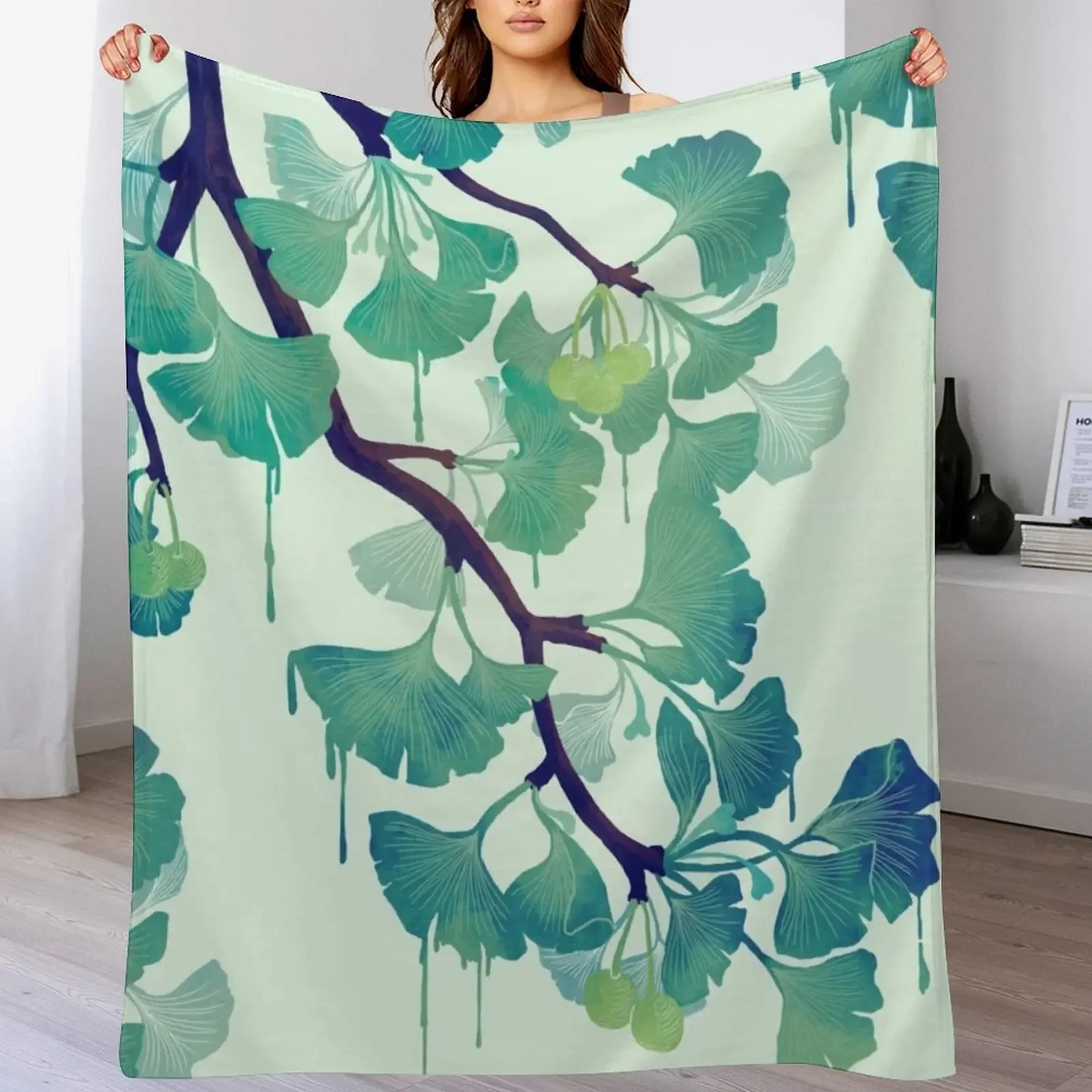 O Ginkgo (in Green) Throw Blanket Warm Throw Blanket Gift for Anniversary