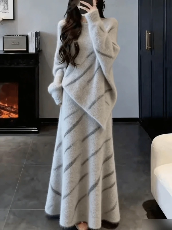 

Elegant Knitted Sweater And Skirt Set for Women Casual Autumn Winter Fashion Warm Midweight Long Sleeve Thermal Wear