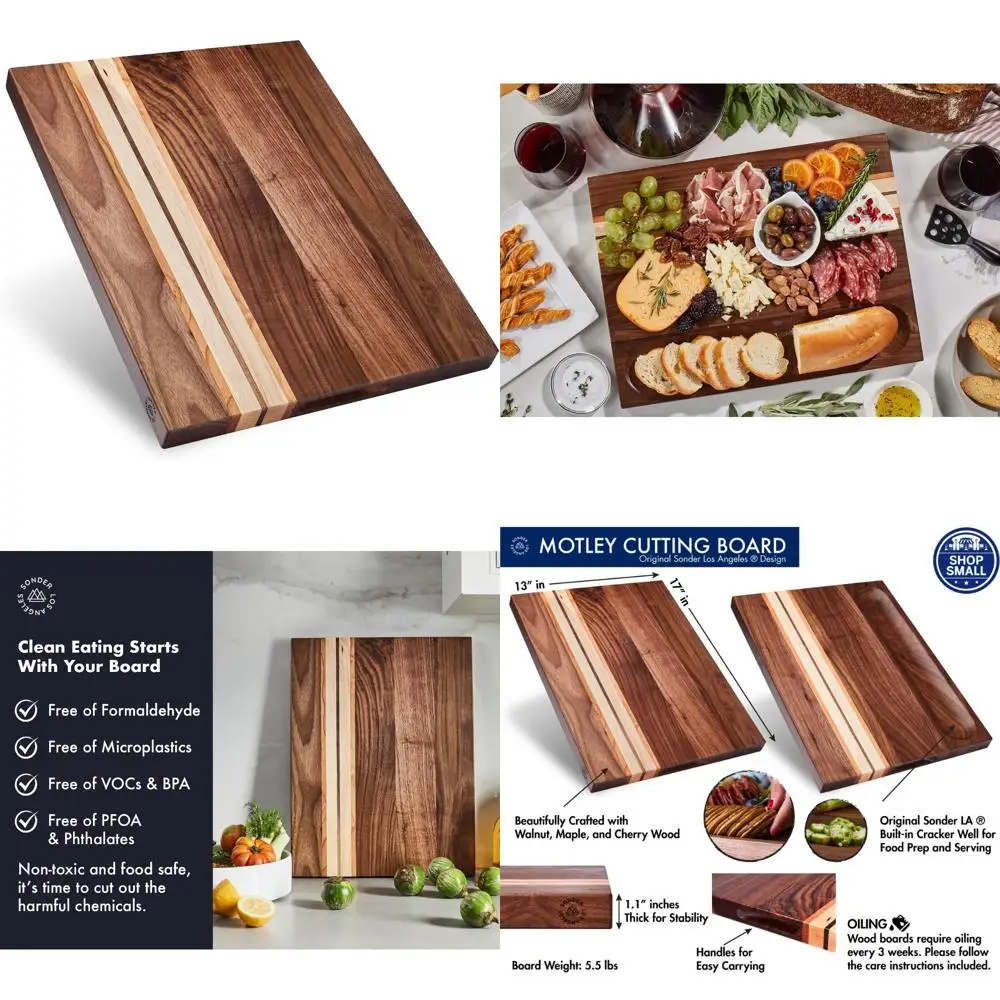 

Kitchen-Sized Walnut, Cherry, and Maple Wood Charcuterie Board with Sorting Compartments, Reversible Design, 17x13x1.1 Inches