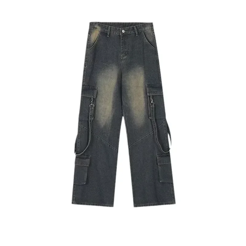 

Мужские прямые джинсы-карго в полный рост, потертые джинсы, свободный крой, винтажные джинсовые брюки с высокой талией и карманами в стиле пэчворк