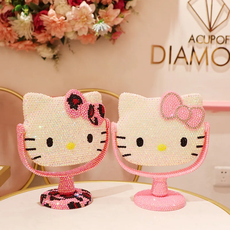 Sanrio Hello Kitty Beauty Mirror Kawaii My Melody Anime Figure Vanity Mirror Rhinestones Shiny Girlfriend Gift Desktop Plush