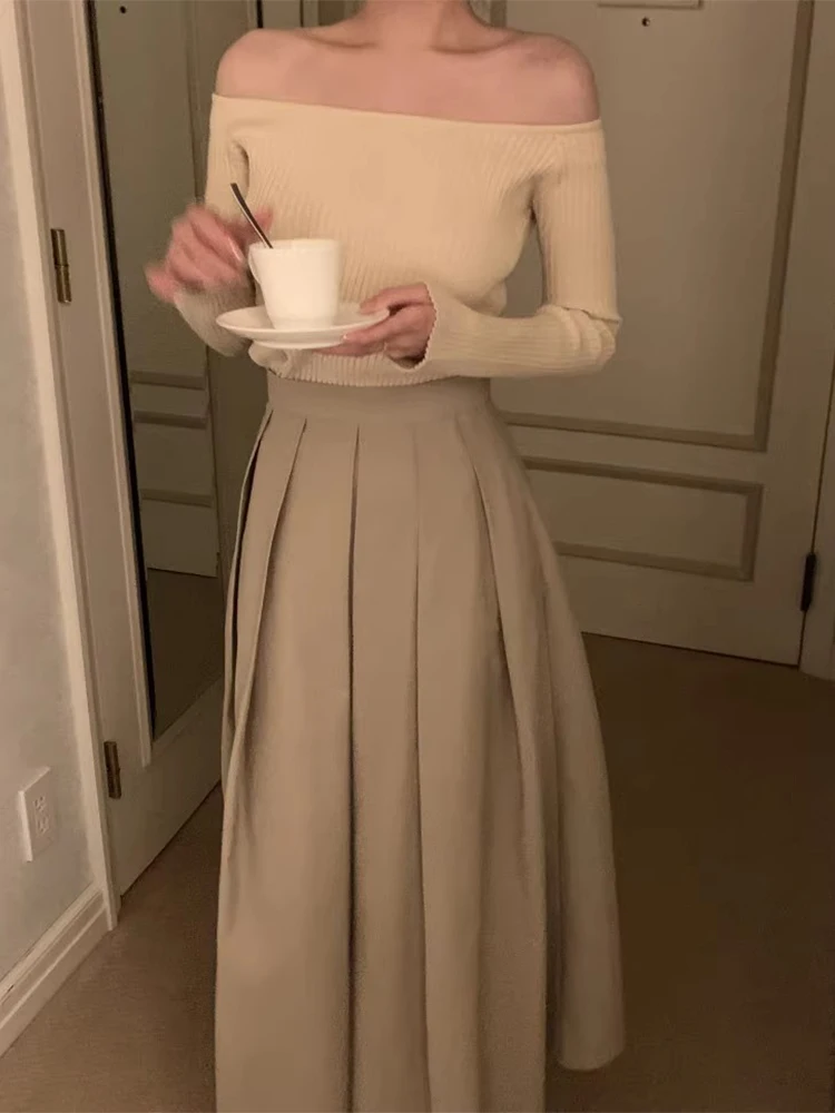 

Ele High Waist A-Line Midi Skirt Women's Pure Color Pleated f Body Skirt Spring New Sle Korean Sle Polyester Fiber