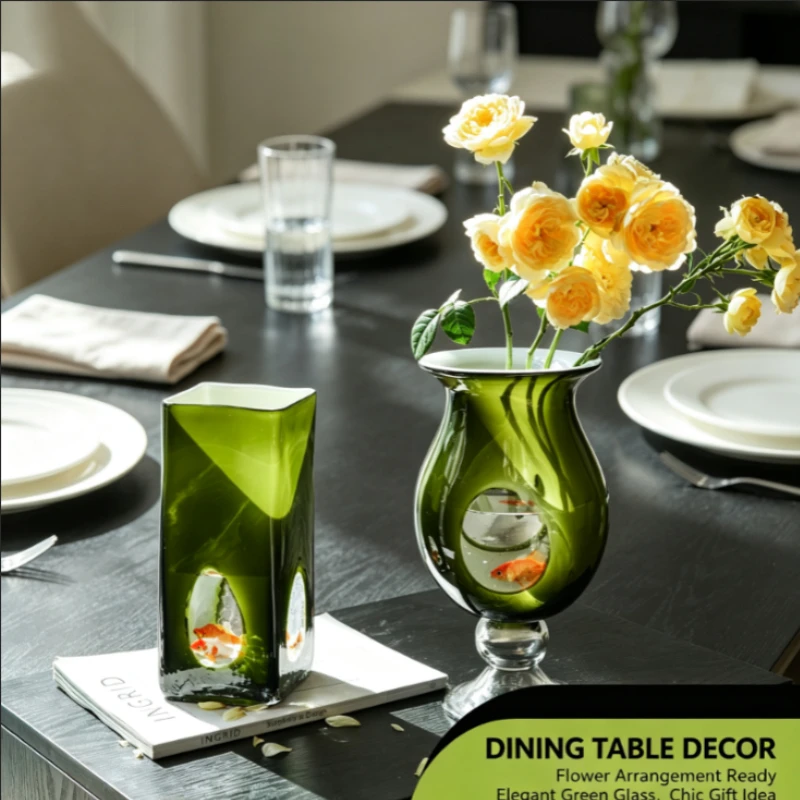 Vintage Green Glass Vase, Mid-Century Modern Design with Cutout Detail, Perfect for Home Decor & Floral Arrangements