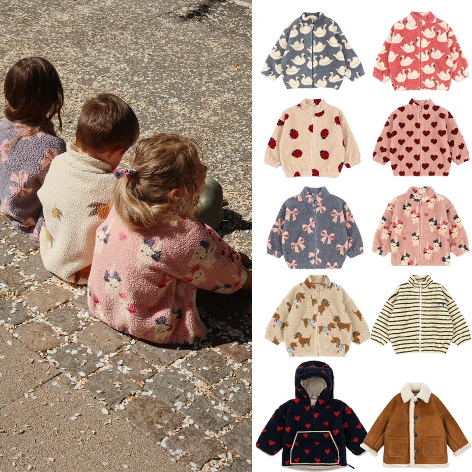 

2025 Autumn Winter Kids Clothes Girls Lambswool Jackets Cartoon Kitten Swan Beetle Outerwear Boys Striped Coat Thickened Warmth