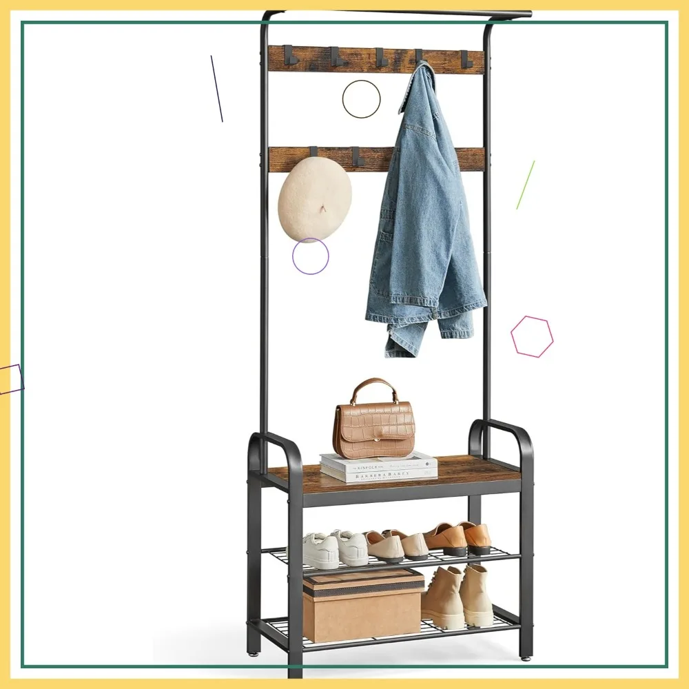 

Прихожая в деревенском стиле: коричнево-черная вешалка-стойка с банкеткой для обуви, 9 крючками, штангой для одежды, дизайн 4-в-1 для организации пространства дома