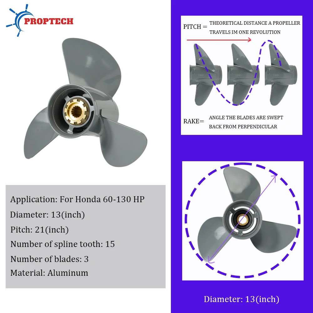 Boat Propeller 13x21 For Honda Outboard Engine 60hp 75hp 90hp 115hp 130hp 15 Tooth Spline Aluminum 58130-ZW1-021AH