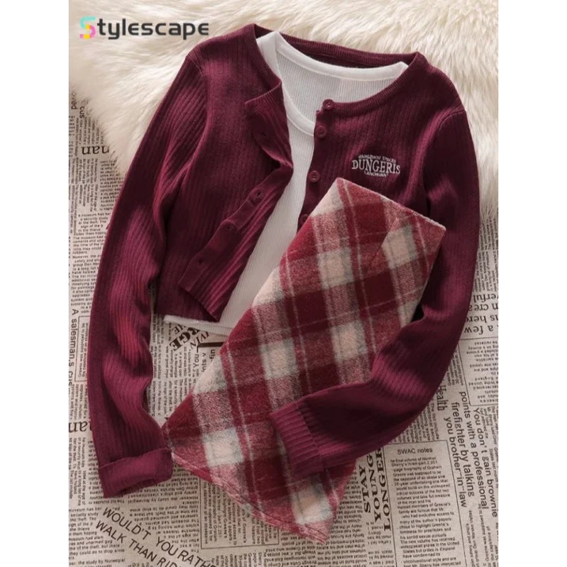 Sweet and Spicy Pure Desire Wind Set, Korean Style Spicy Girl Short Cardigan Sweater Vest Plaid Half Body Skirt Three Piece Set