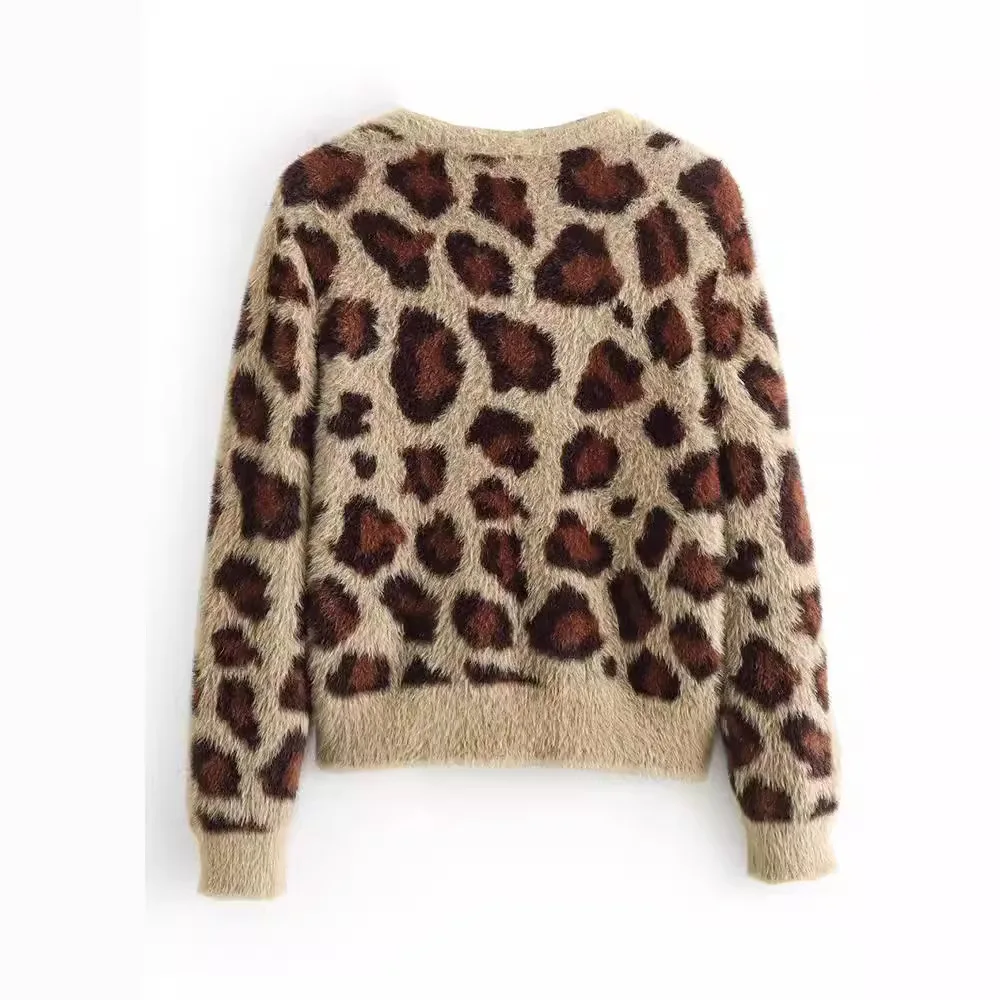 Women Fashion Leopard Print Fur Effective Short Knitting Sweater Female Chic Long Sleeve Buttons Kimono Coats Tops