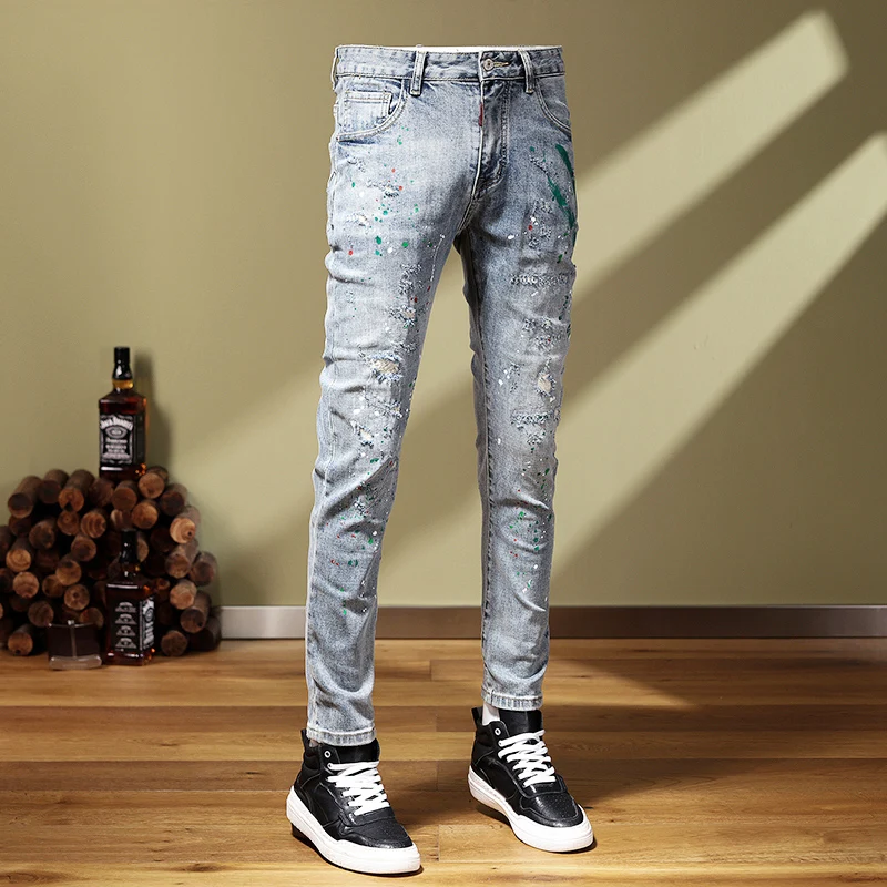 High Street Fashion Men Jeans Retro Light Blue Elastic Stretch Skinny Fit Ripped Jeans Men Painted Designer Hip Hop Pants Hombre