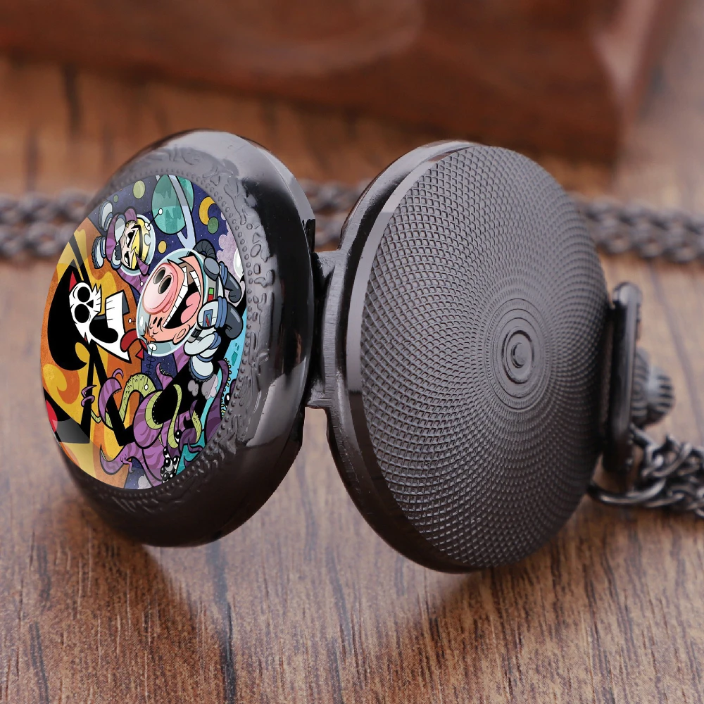 Billy e Mandy Glass Dome Quartz Pocket Watch With Durable Chain Arabic Numeral Dial Halloween Gifts for Men Women Kids