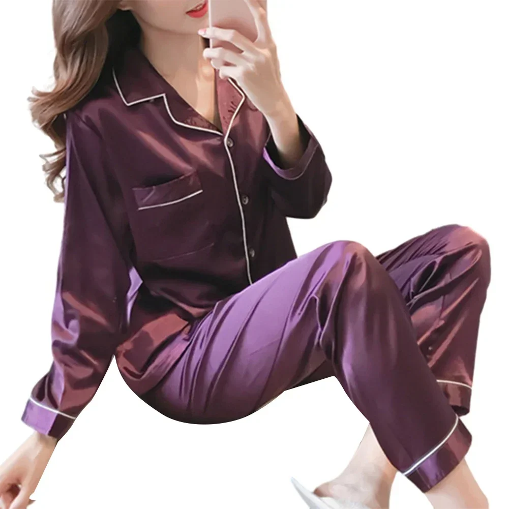 Women Satin Long Sleeve Pajama Set Lapel Top And Pants Solid Pajamas Loungewear 2024 New Arrival Drop-shipping