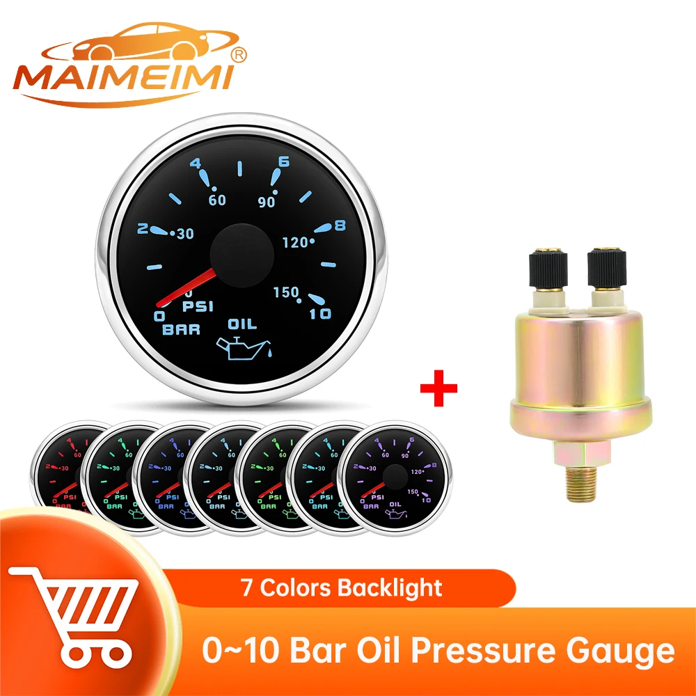 52mm Oil Pressure Gauge 0-10 Bar 0-150PSI 7 Colors Backlight Pointer Car Gauge or 0-10Bar Oil Pressure Sensor for Car Boat