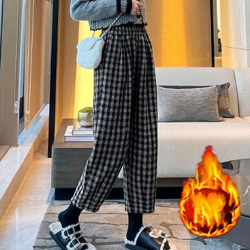 High Waisted Elastic Thick Plaid Striped Women's Autumn Winter Korean Commute Ruched Harlan Belted Casual Woolen Radish Pants