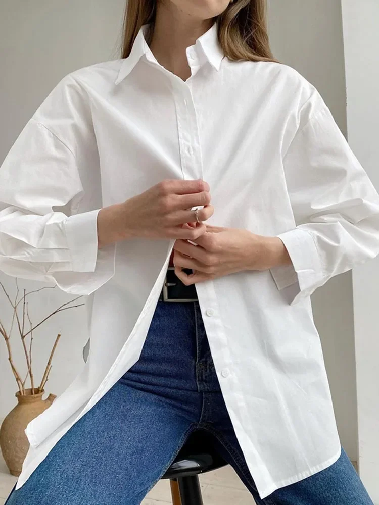 Solid Women\'s long sleeved shirt Cotton and linen loose white Lapel Collar Shirt All seasons fashion Button Women\'s shirt top