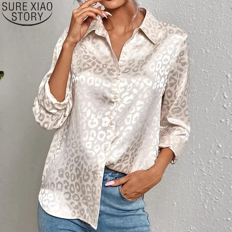 New Elegant Office Lady Long Sleeve Leopard Jacquard Blouse Turn Down Collar Button Shirt 2024 Spring Autumn Fashion Tops 19169