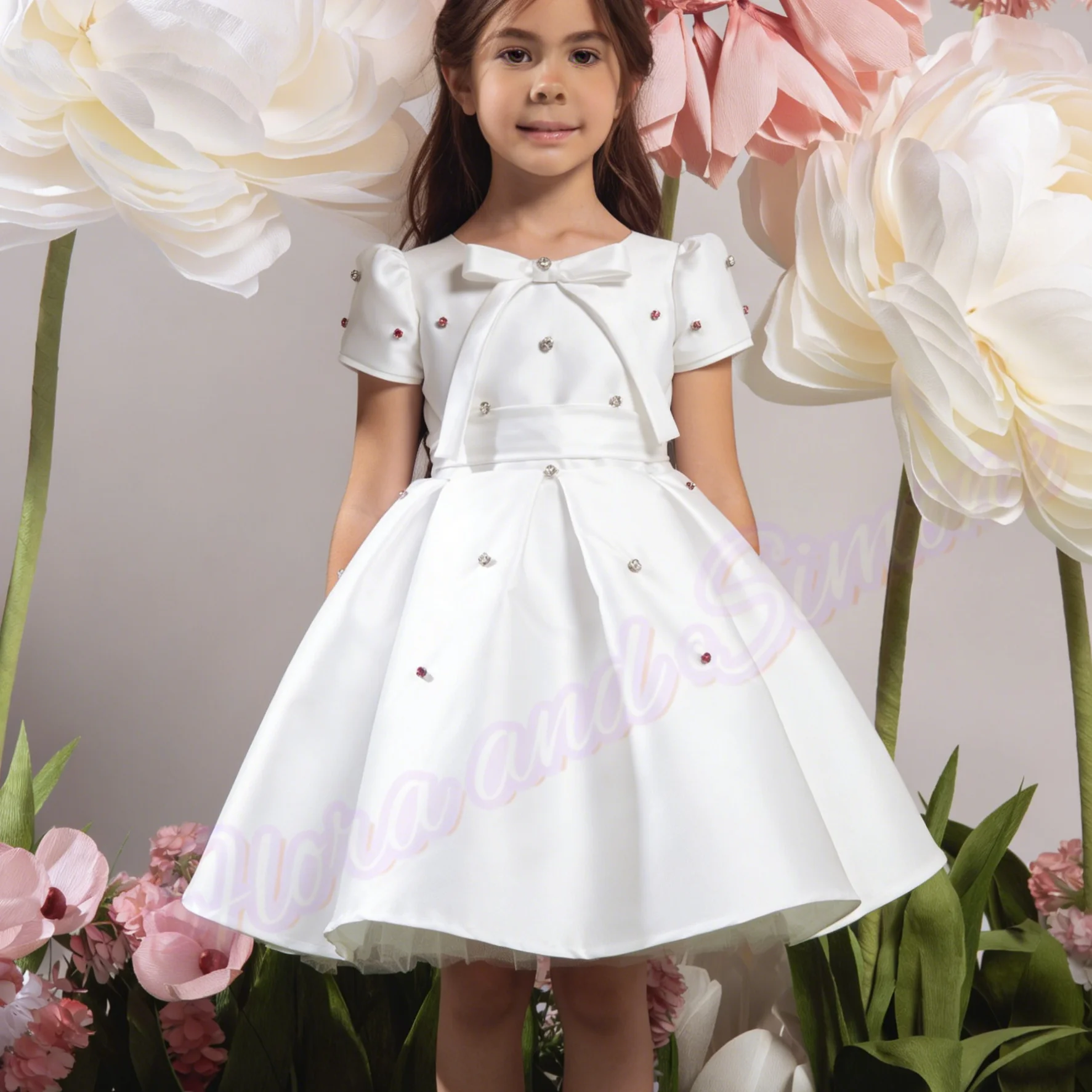 Customized Ivory Flower Girl Dress For Wedding Satin Baby With Bow Elegant Kids Birthday Party First Communion Ball Gown