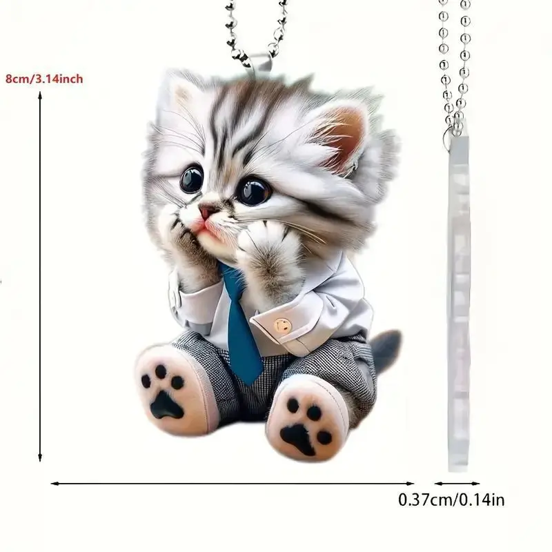 2D Car Pendant Hanging Ornament With Chain Realistic Animal Cat-Shaped Rearview Mirror Hanging Decor Car Interior Accessories