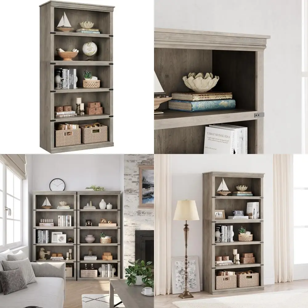 Farmhouse Style 5-Tier Wooden Bookshelf with Open Storage Display, 67.4 Inches Tall