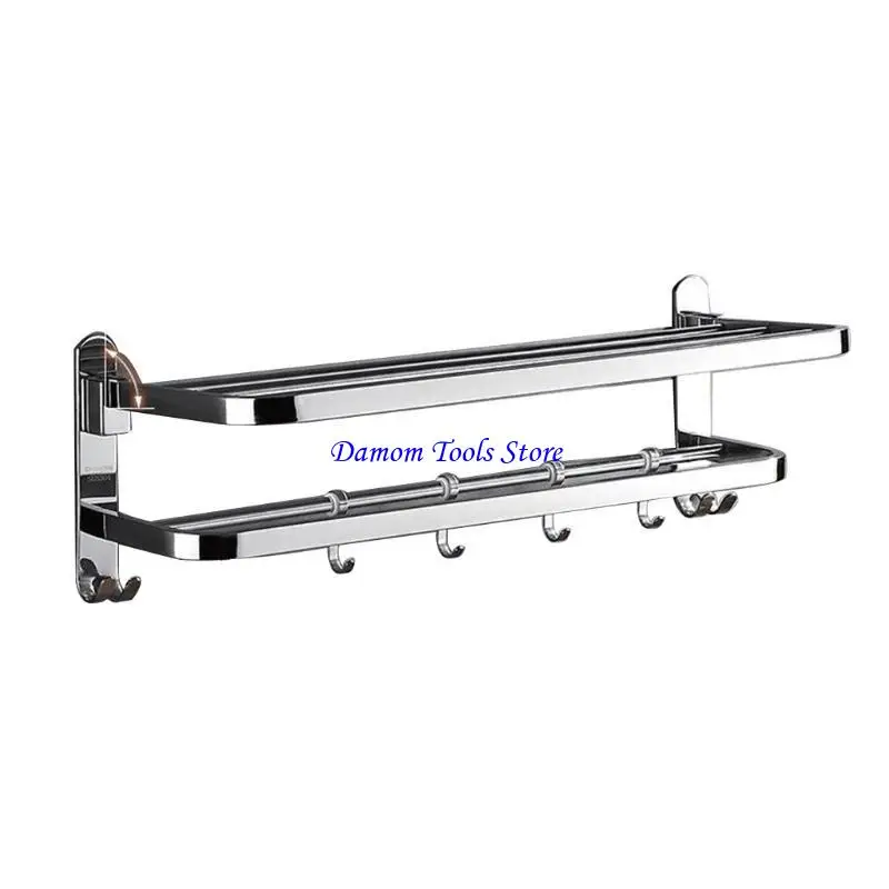 

57BE Stainless Steel Wall Mounted Foldable Bath Towel Rack Holder Punch-Free Bathroom Storage Shelf with 4 Sliding Hooks