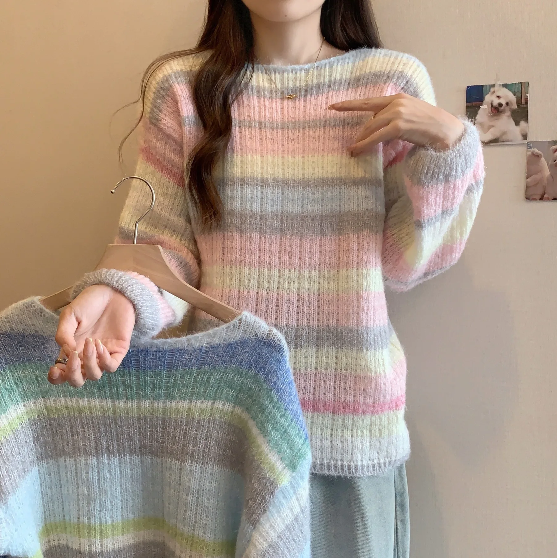 Jersey Mujer Fall Winter Fashion New Jumper O Neck Tenderness Rainbow Strip Rainbow Knitted Sweater Casual Loose Pullover Women