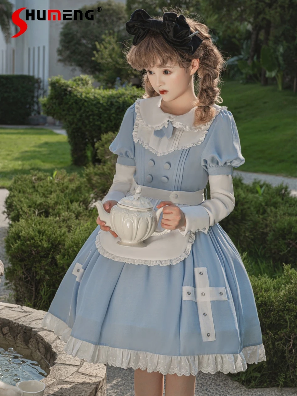 

Japanese Cute Sweet Lolita Op Dresses Doll Collar Long Sleeve Back Lace-up Bow High Waist A-line Slim Blue Princess Dress Women