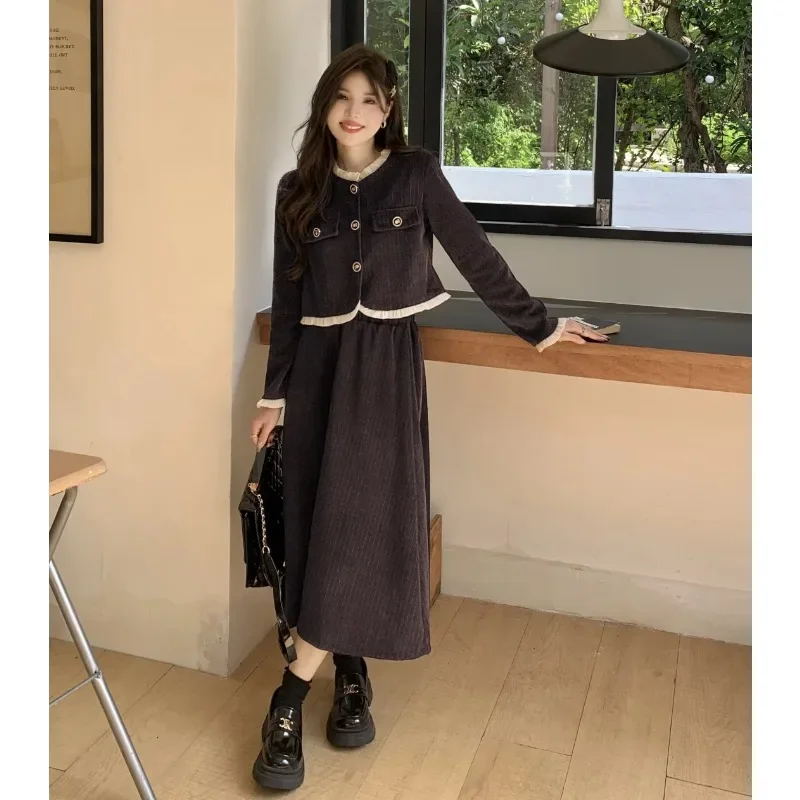 Insozkdg 2024 New Spring Autumn Elegant Skirt Suits Fashionable High-Class Youthful Slimming Patchwork Chic Style Two-Piece Set