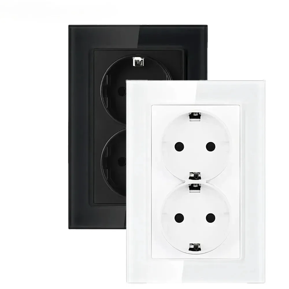 French 16A 220V Double Electrical Wall Outlets Glass Crystal Panel 123*86mm New Built-in Plug Home Improvement